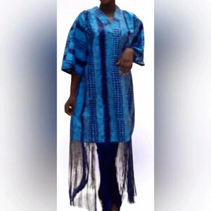ZIXLUXE Fashion Loose Fit half Fringe Adire Kaftan | Coverup | maxi V Neck dress